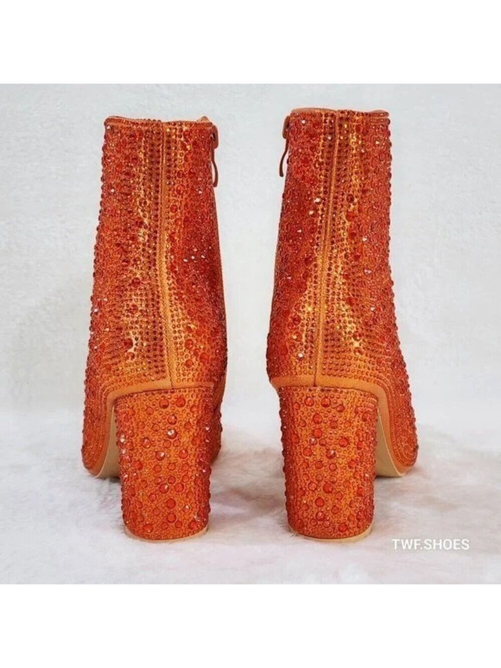 NIB Crystel Orange Rhinestone Block Heel Sparkling Ankle Boots - Picture 3 of 7